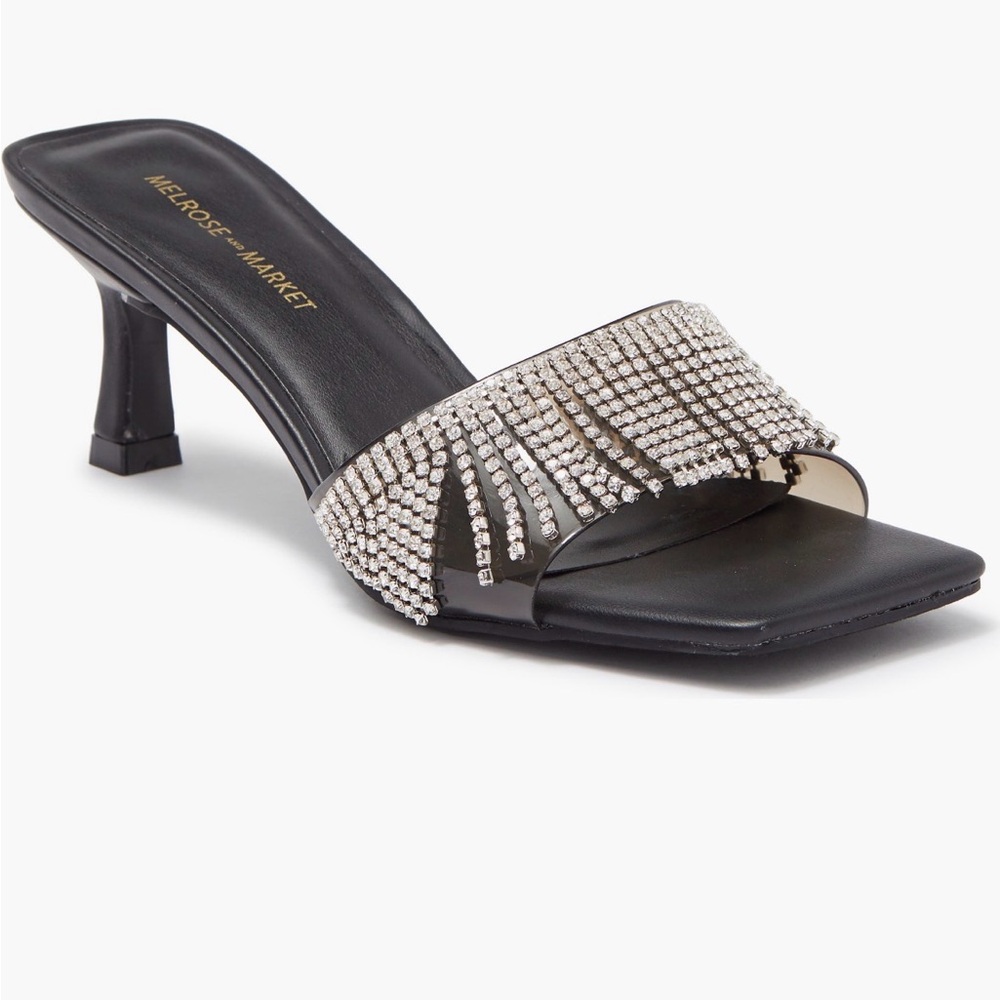Melrose and Market Black Sandals with Rhinestone Fringe